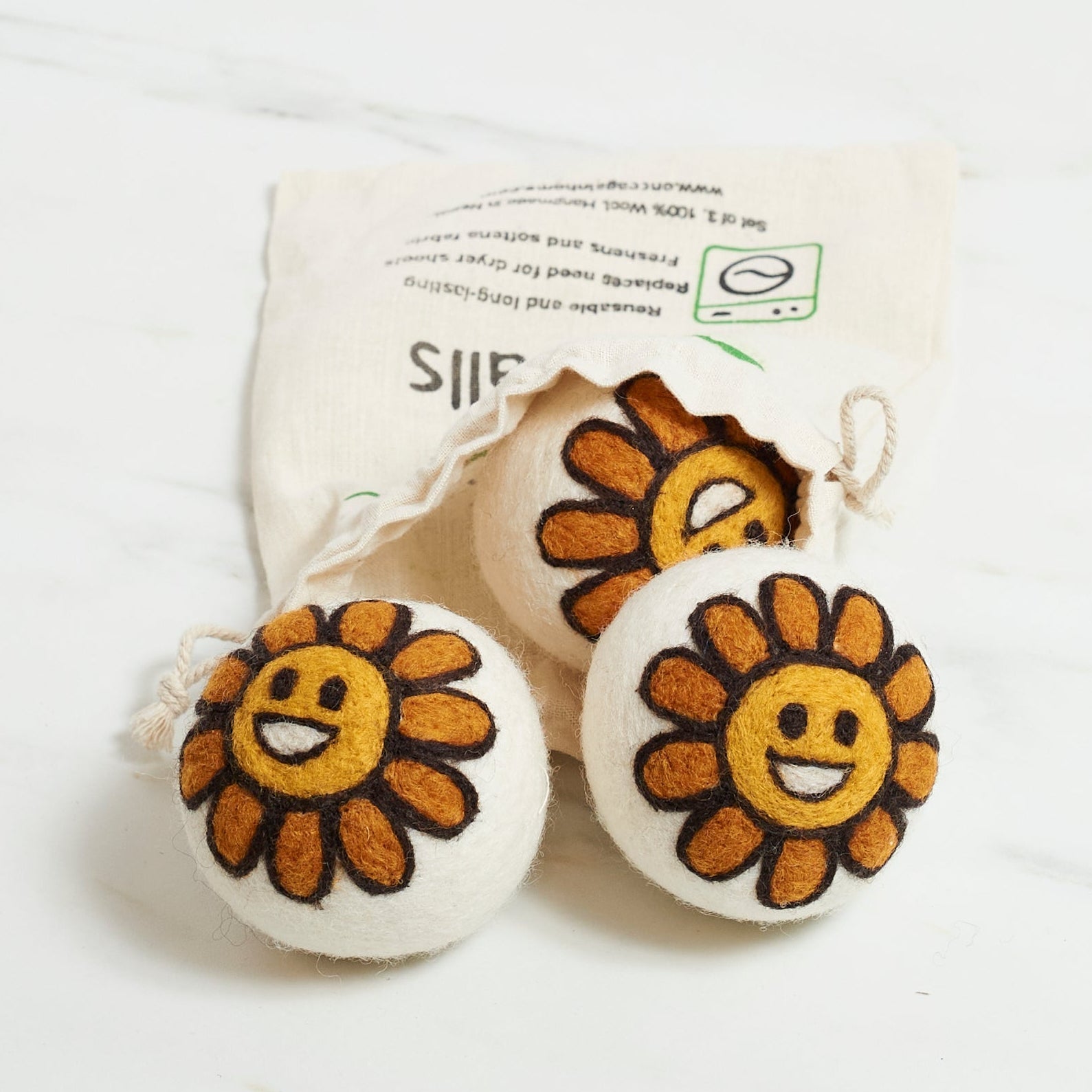 Laundry Wool Dryer Balls - Set of 3 Smiley Sunflower - Once Again Home Co.